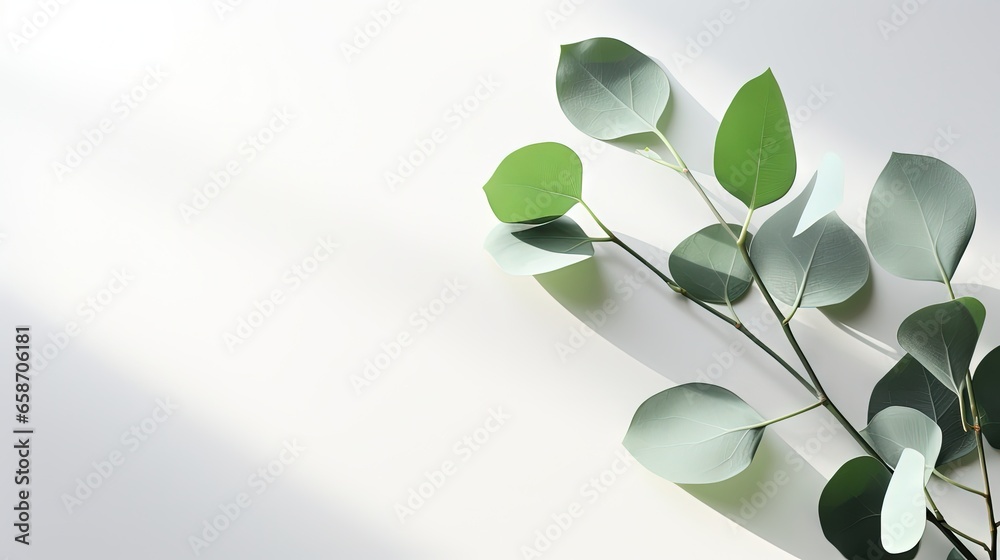 Eucalyptus branch with shadows on light background suitable for product presentation or cosmetic advertising display - obrazy, fototapety, plakaty 