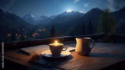 Cozy evening ambiance in nature with a cup of coffee a book mountains and a full moon rising