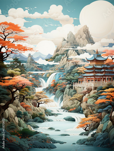 Chinese Traditional Landscape Illustration,Fantastical Landscape: A Dream-Like Mountainous Region,landscape with mountains