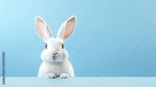 3D rendering of a pastel blue background with a white rabbit ear for Easter day