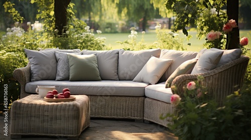 Gray cushions on stylish wicker sectional couch in lush garden