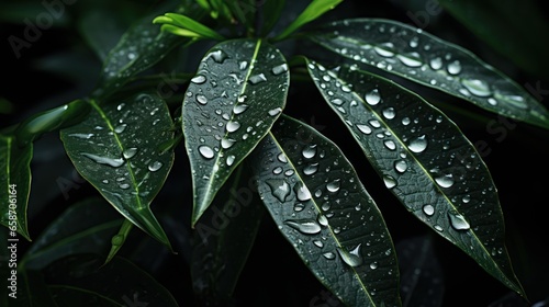 Raindrops glistening on dark leaves set against a deep black background.