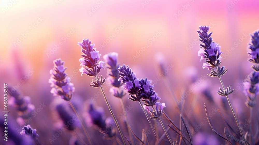 Obraz premium Lavender blooms in their full glory against a soft, purple gradient.