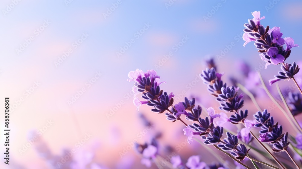 Lavender flowers in full bloom against a soft purple gradient. - obrazy, fototapety, plakaty 