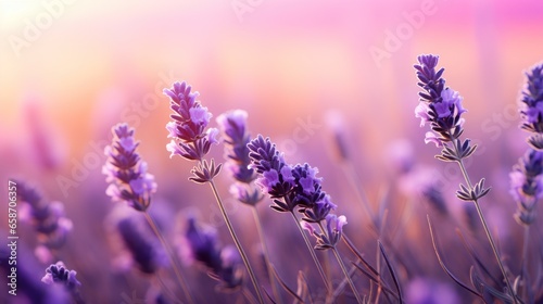 Lavender blooms in their full glory against a soft, purple gradient.