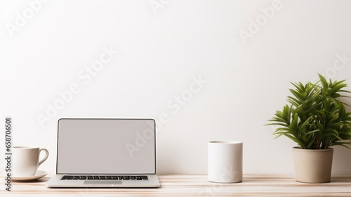 On the minimalist white desk, you'll find a laptop, coffee mug, and notebook. © rorozoa