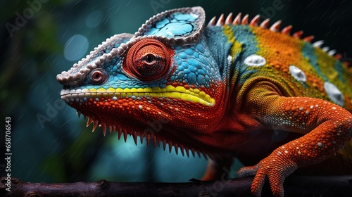 Madagascar s endangered chameleon Calumma parsonii close up vibrant color isolated on blurred background