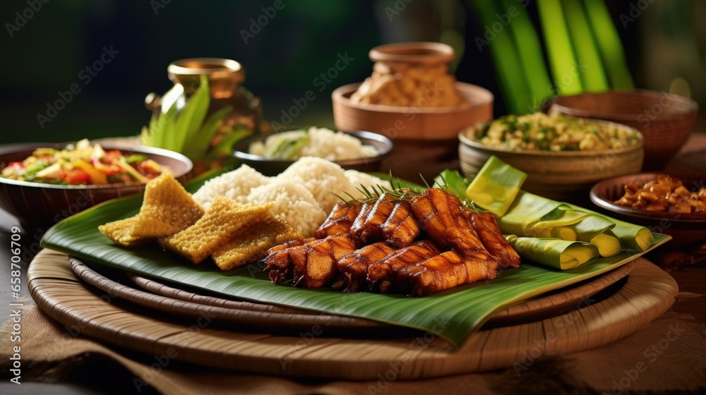 Indonesian festive menu during Eid Ketupat with Sambal Goreng Kentang Opor Ayam Sayur Labu Siam and Telur Semur Indonesian festive menu during Eid Ketupat with Sambal Goreng Kentang Opor Ayam Sayur Labu Siam and Telur Semur