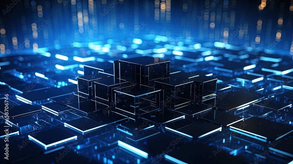 Big data and artificial intelligence depicted with stacked metallic blue blocks Shallow depth of field enhances the 3D illustration Big data and artificial intelligence depicted with stacked metallic blue blocks Shallow depth of field enhances the 3D illustration