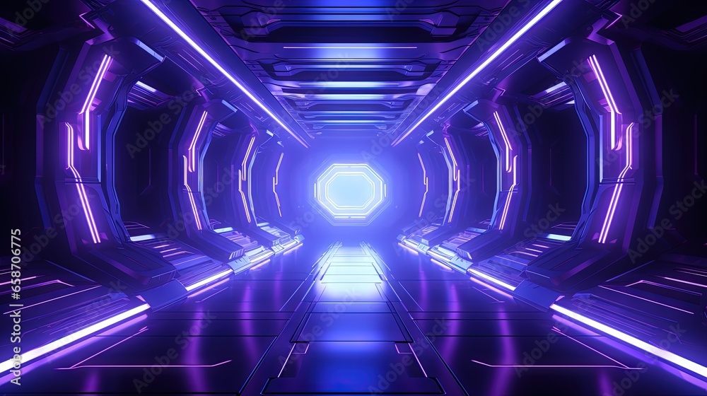 Fototapeta premium Illustration of futuristic spaceship corridor with neon glow on blue and purple background for advertising showroom technology and modern interior