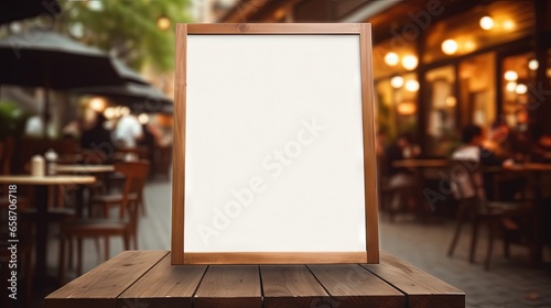 Blurred background of coffee shop with empty menu board on wooden table