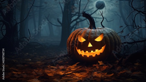 Halloween night 3D rendering of a pumpkin in a haunted forest