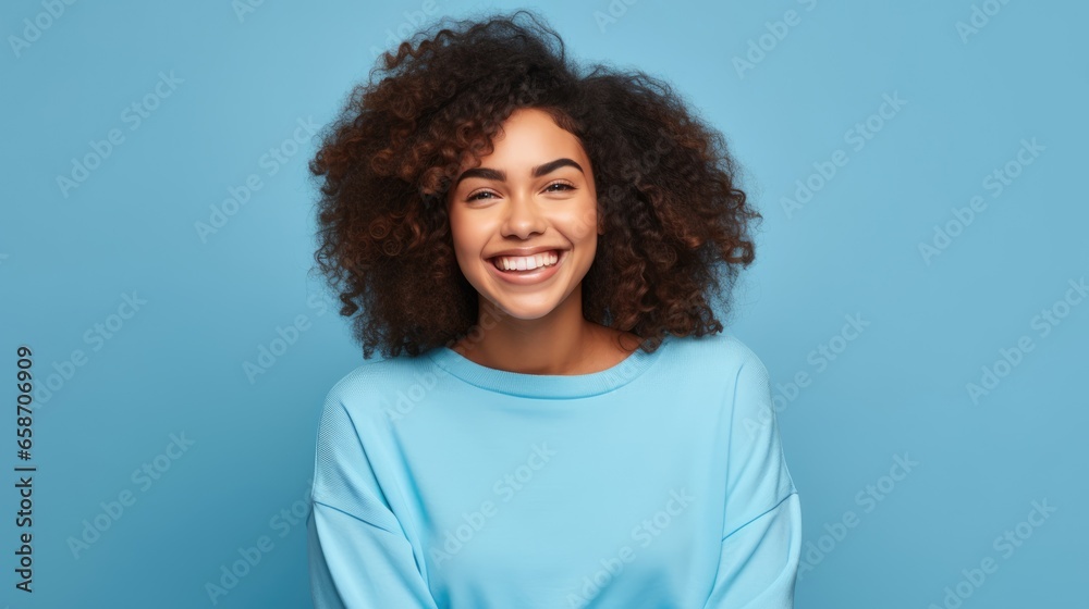 Cheerful Afro beautiful woman Smiling cute girl with long hair in colorful cloth has pleasant smile, discusses amazing promo over isolated blue background, Generative AI Cheerful Afro beautiful woman Smiling cute girl with long hair in colorful cloth has pleasant smile, discusses amazing promo over isolated blue background, Generative AI