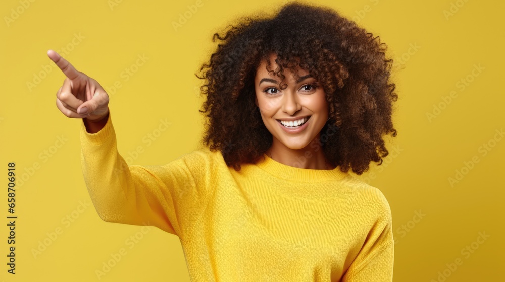 Cheerful Afro beautiful woman smiling, cute girl with long hair has pleasant smile points away on copy space, discusses amazing promo over isolated blue background, Generative AI Cheerful Afro beautiful woman smiling, cute girl with long hair has pleasant smile points away on copy space, discusses amazing promo over isolated blue background, Generative AI
