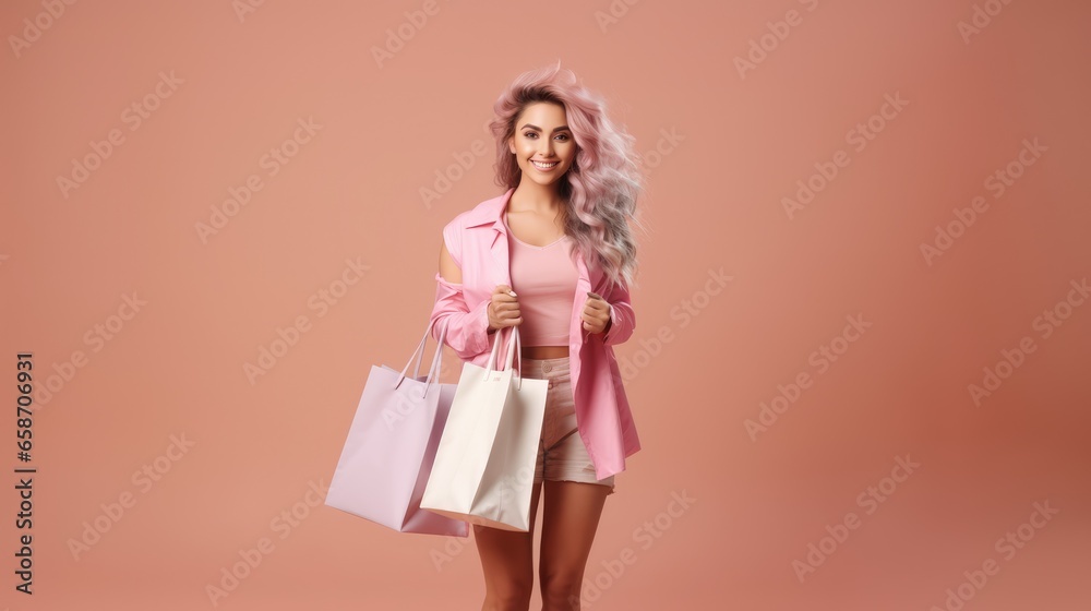 Cheerful beautiful woman, smiling cute girl with long colorful hair has pleasant smile holding shopping bags, discusses amazing promo over isolated soft pink background, Generative AI