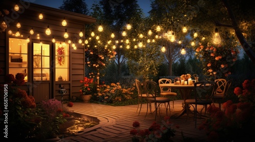 Autumn patio party lights decorate a cozy garden