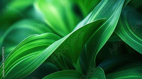 Close up of a green tropical plant with flowing lines of leaves creating an abstract natural floral background