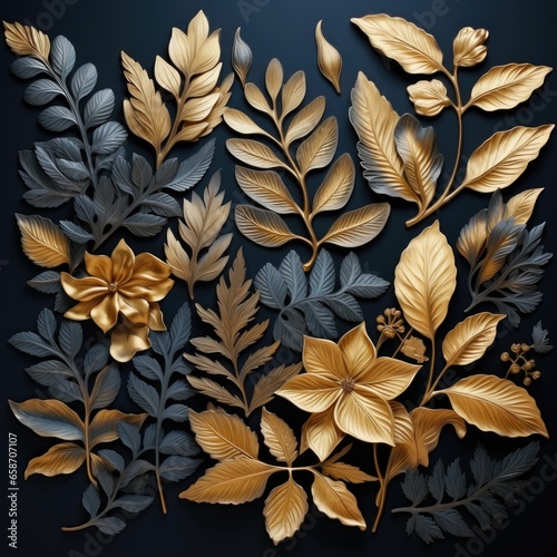 Gold and silver leaves on a black background