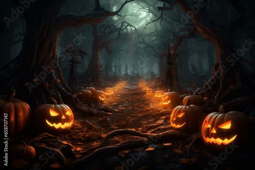 A spooky forest at dusk filled with jack-o-lantern carved Halloween pumpkins among fallen autumnal leaves. Generative AI