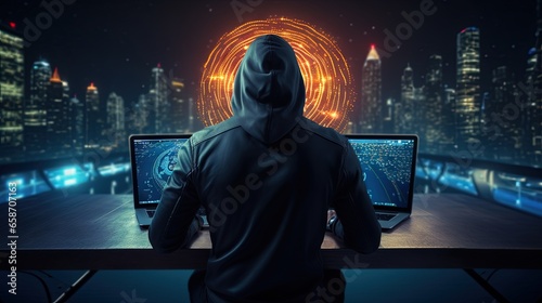 Hacker using laptop and credit card with virus background seen from behind