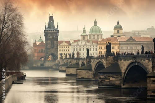 Historic Prague with iconic bridge. Generative AI