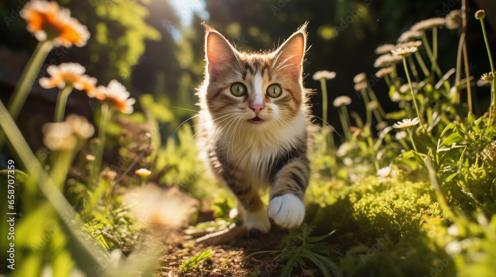 Portrait of a happy cat on a blurred background, beautiful lighting.