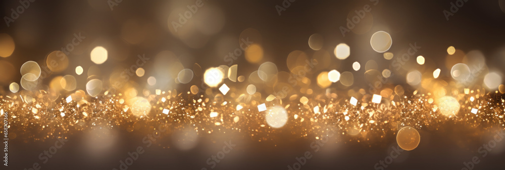 abstract glitter lights background. Christmas, New Years, Party glitter celebration. colorful, blue, gold and black. banner size. Generative AI.