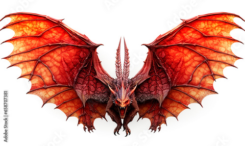 Red demon dragon with open wings background. Mythical 3d ferocious horned monster in flight with open mouth and blood eyes attacks its prey photo