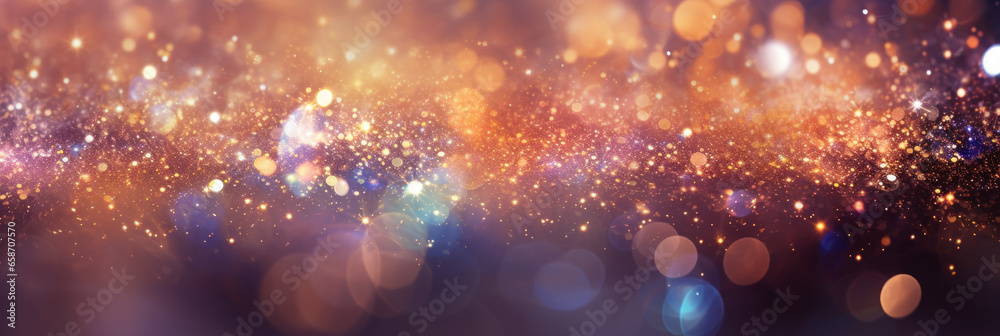 Obraz premium abstract glitter lights background. Christmas, New Years, Party glitter celebration. colorful, blue, gold and black. banner size. Generative AI.