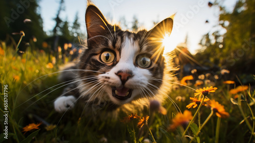 Portrait of a happy cat on a blurred background, beautiful lighting.
