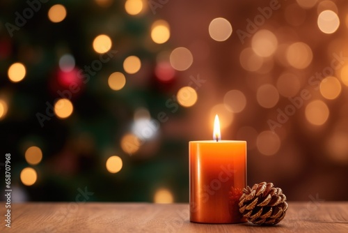 Candle on a wooden table with bokeh christmas tree in background