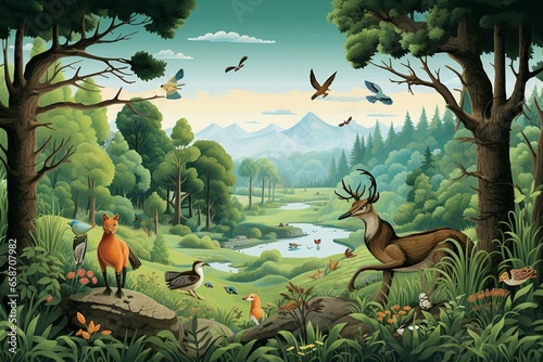 Illustration of diverse woodland environments, carnivores, birds, and nature. Depicts ecosystem, biodiversity, wildlife, and flora. Generative AI