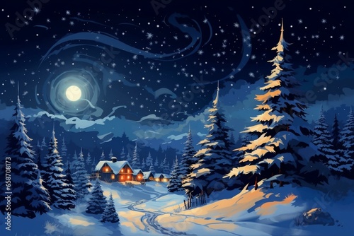 Snowy night landscape with Christmas tree. Generative AI © Evadne