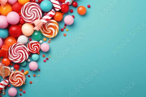 Colorful candies and lollipops on a vibrant blue background photo
