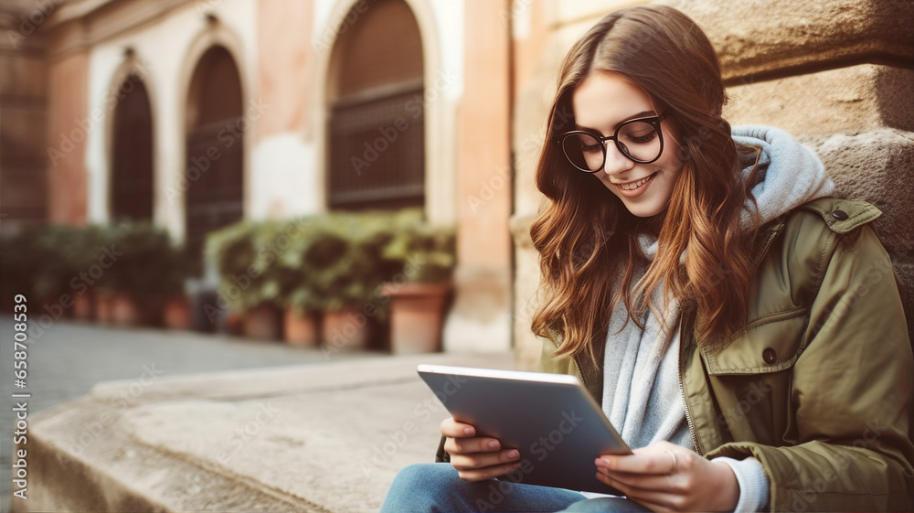 Young woman with glasses smiling while reading tablet in urban setting Young woman with glasses smiling while reading tablet in urban setting