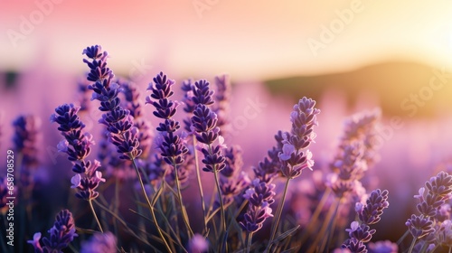 Lavender flowers in full bloom against a soft purple gradient.