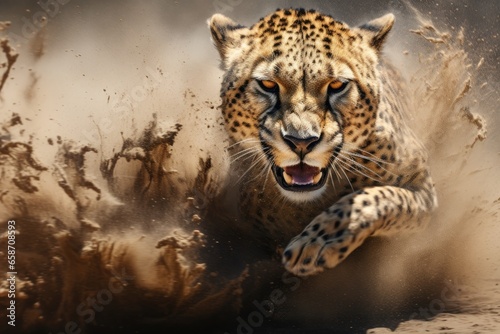 A cheetah sprinting through muddy terrain in its natural habitat