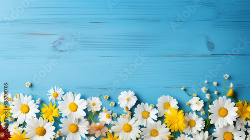 Fresh daisies arranged on a rustic blue wooden background, creating a serene and calming ambiance © Artyom