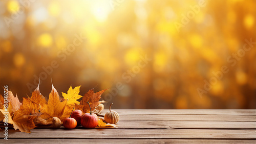 Autumn composition with pumpkins and fallen leaves on a wooden surface against a bokeh background