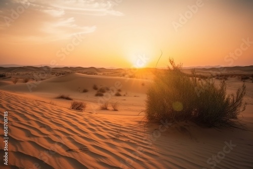 A beautiful sunset landscape with desert sand dunes under a natural gradient sky. Generative AI