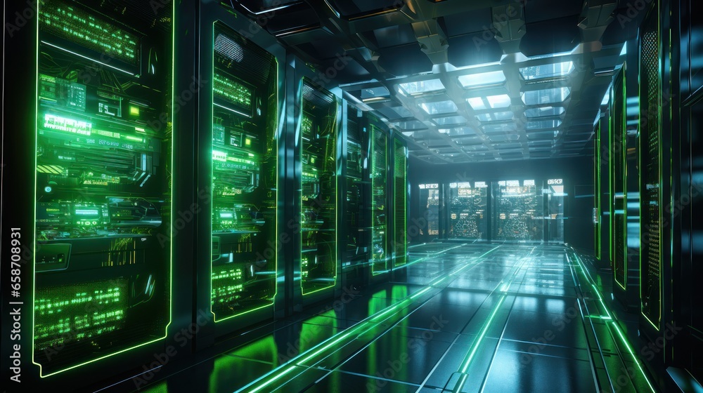 A server room with green lights indicating energy-efficient operations.