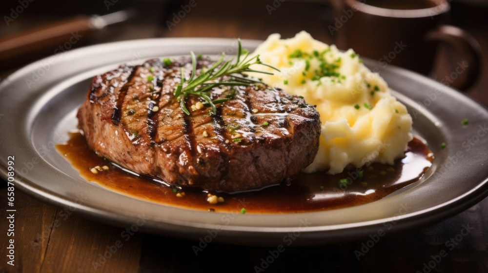 Beef steak with mashed potatoes