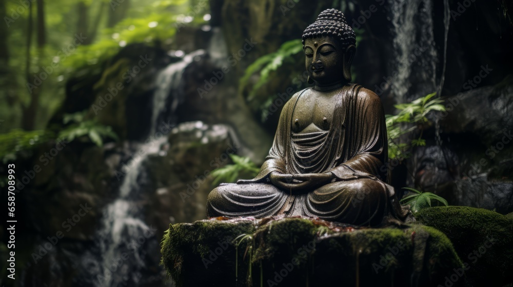 Buddha statue at the waterfall in nature Buddha statue at the waterfall in nature