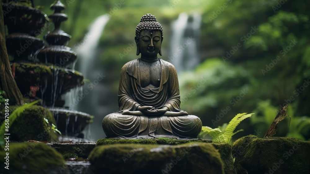 Buddha statue at the waterfall in nature