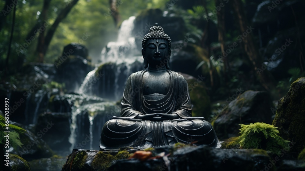 Buddha statue at the waterfall in nature