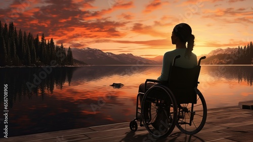 Afro-American woman in a wheelchair in sunset at the lake
