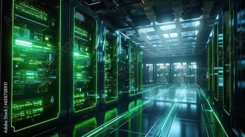 A server room with green lights indicating energy-efficient operations.