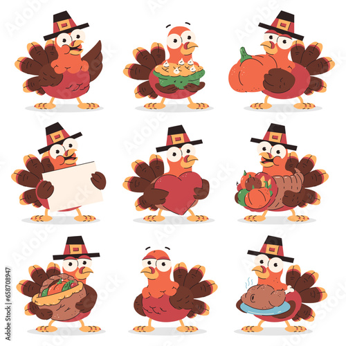 Cute cartoon turkey vector Thanksgiving characters set isolated on a white background.