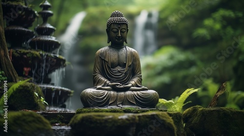 Buddha statue at the waterfall in nature