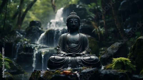 Buddha statue at the waterfall in nature © Nicolas Swimmer
